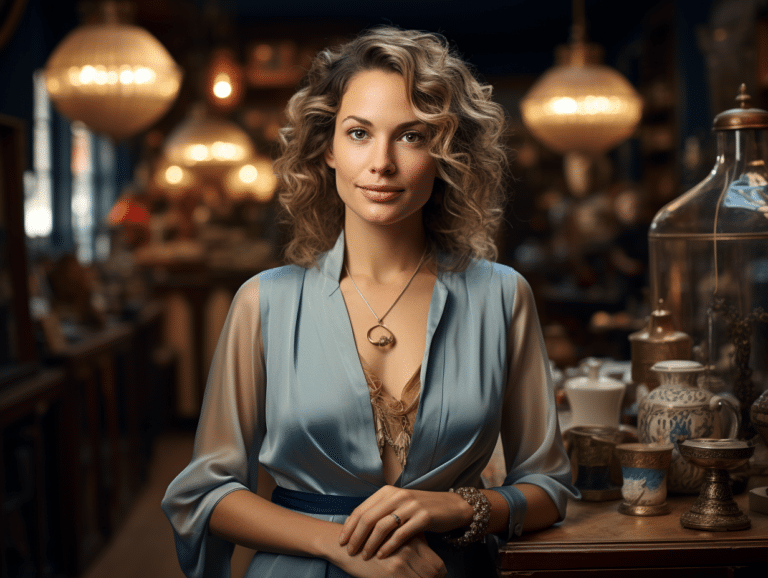 Caroline Margeridon entourée d'objets d'antiquités dans son atelier