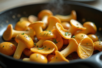 Champignons de chanterelle jaunes sautés dans une poêle avec ail