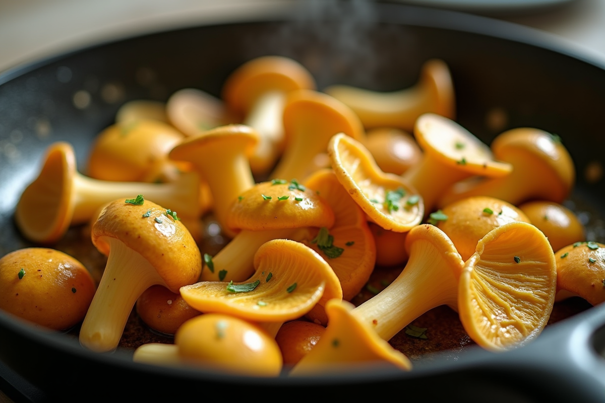 Champignons de chanterelle jaunes sautés dans une poêle avec ail