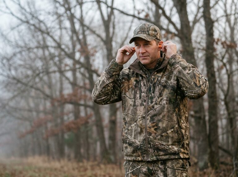 Chasseur adulte insérant des bouchons d'oreilles orange avant une partie de chasse en forêt