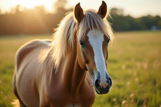 Cheval unique au pelage inégal dans un pré ensoleillé
