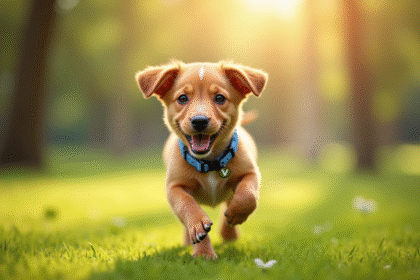 Jeune chiot joyeux au pelage caramel dans un parc ensoleille avec collier bleu