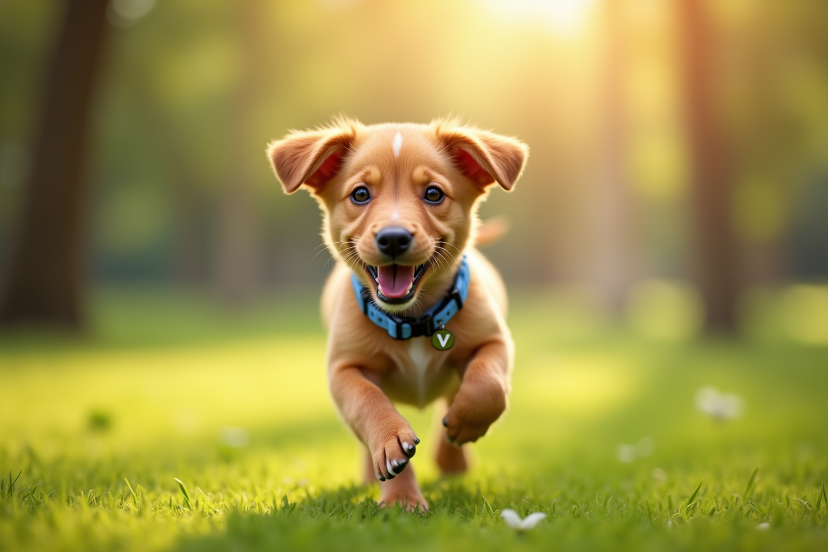 Jeune chiot joyeux au pelage caramel dans un parc ensoleille avec collier bleu