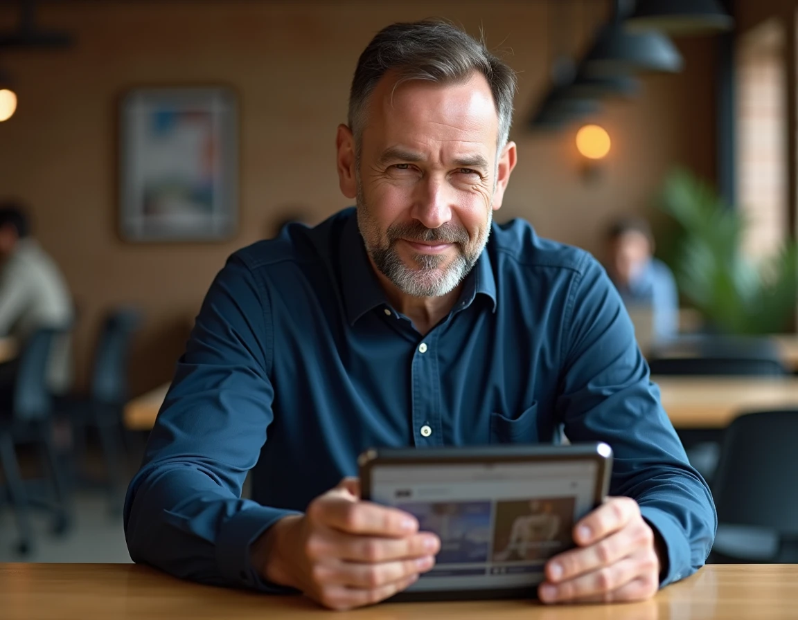 Homme en bureau partagé évaluant un moteur vidéo magazine sur tablette face à une application classique