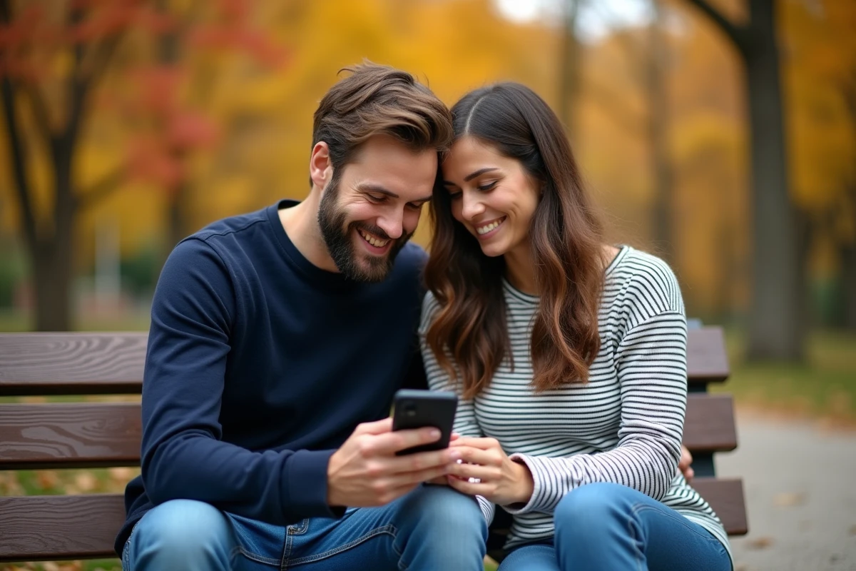 Deux amis découvrant Cimantix ensemble sur un smartphone dans un parc en automne