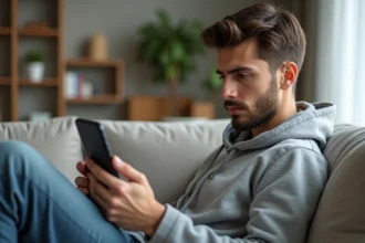 Jeune homme jouant à Cimantix sur smartphone confortablement installé dans son salon moderne