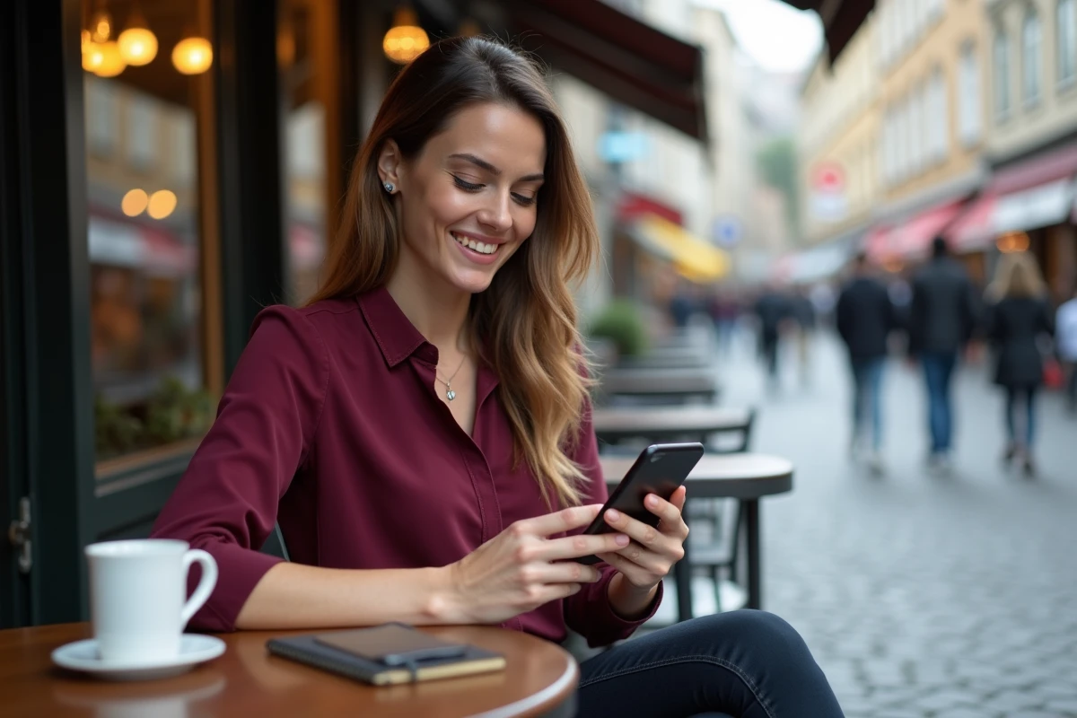 Femme optimisant sa partie Cimantix sur mobile dans un café en terrasse urbaine