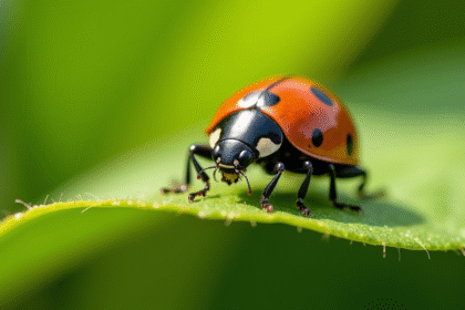 Coccinelle venimeuse sur une feuille verte lumineuse