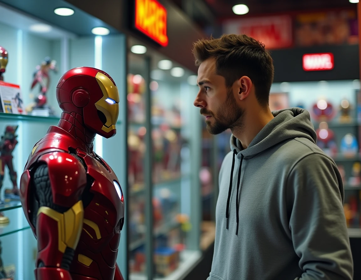 Collectionneur français examinant une statue Iron Man officielle dans une boutique de figurines Marvel en France