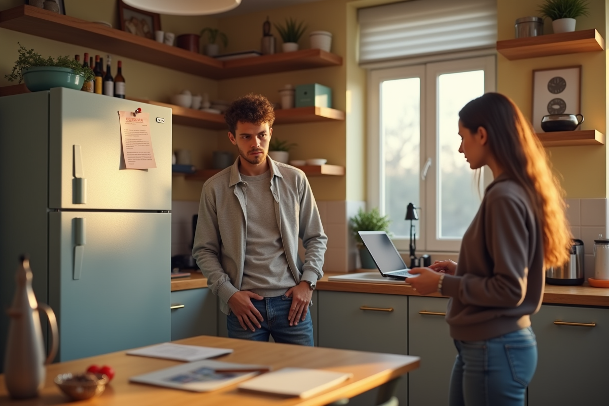 Deux colocataires préoccupés lisant une lettre sur le frigo dans une cuisine lumineuse