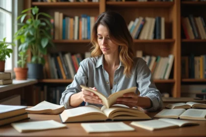 Femme comparant différents formats de livres sur un bureau en bois dans un bureau à domicile