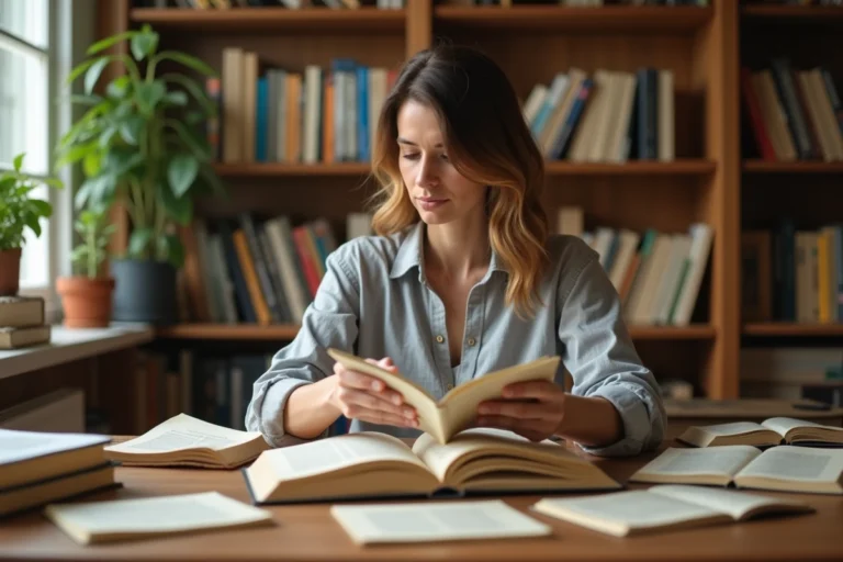 Femme comparant différents formats de livres sur un bureau en bois dans un bureau à domicile