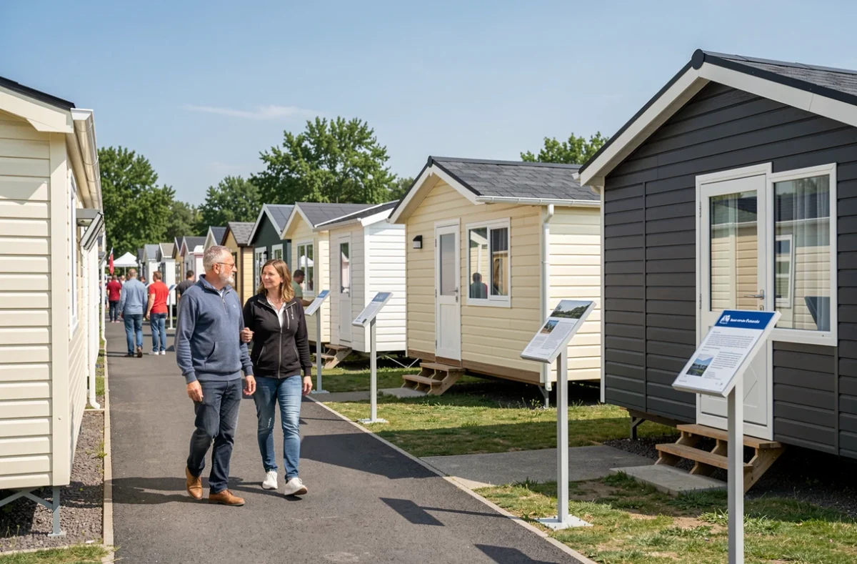 Couple comparant différents modèles de mobil-homes dans un espace d'exposition en plein air