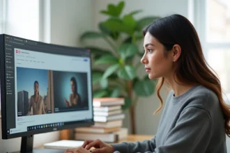 Femme comparant deux interfaces de moteurs vidéo sur un ordinateur dans un bureau moderne