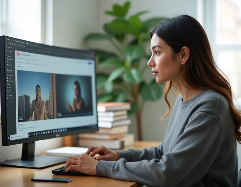 Femme comparant deux interfaces de moteurs vidéo sur un ordinateur dans un bureau moderne