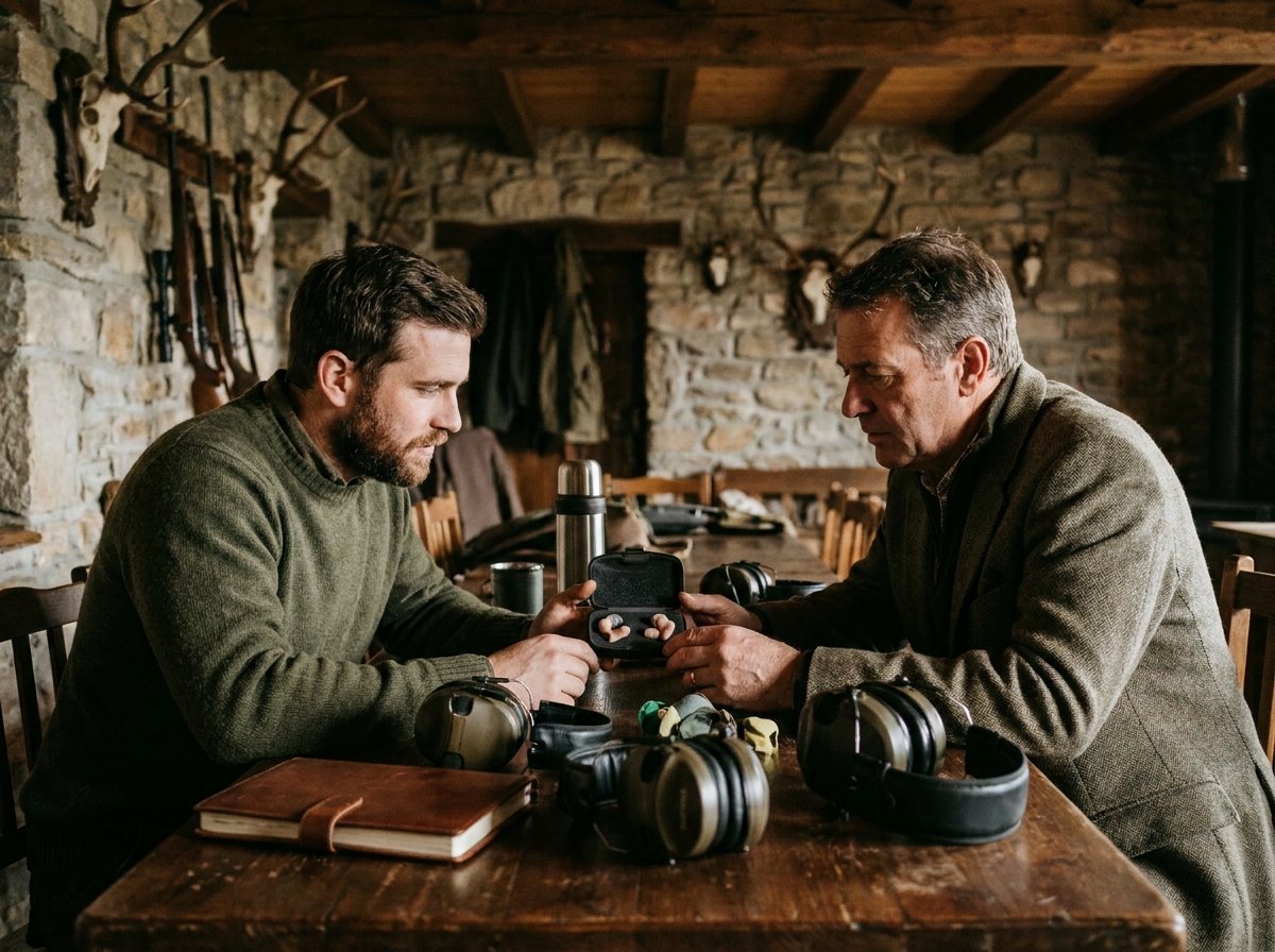 Deux chasseurs comparant différents types de protection auditive dans un chalet de chasse