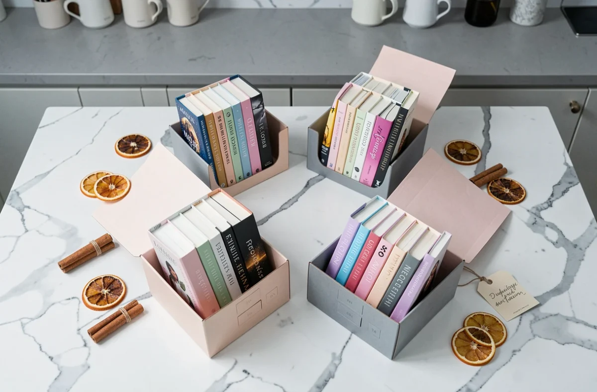 Comparatif de box livres et calendriers de l'Avent romans en vue à plat sur marbre blanc
