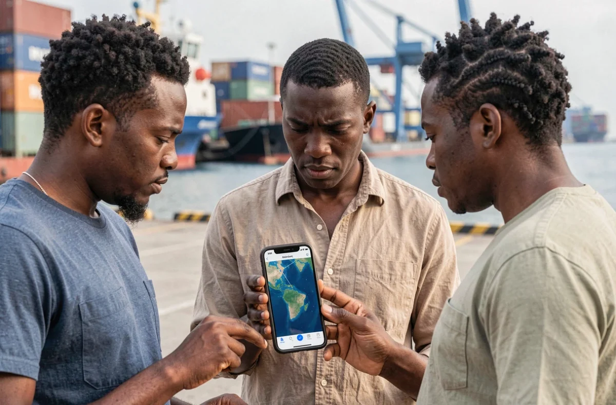 Groupe de personnes consultant une carte numérique des itinéraires maritimes entre l'Afrique continentale et Mayotte dans un port