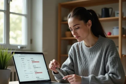 Femme mesurant une étiquette de vêtement avec une règle et comparant les tailles en pouces et centimètres sur son ordinateur pour un achat en ligne