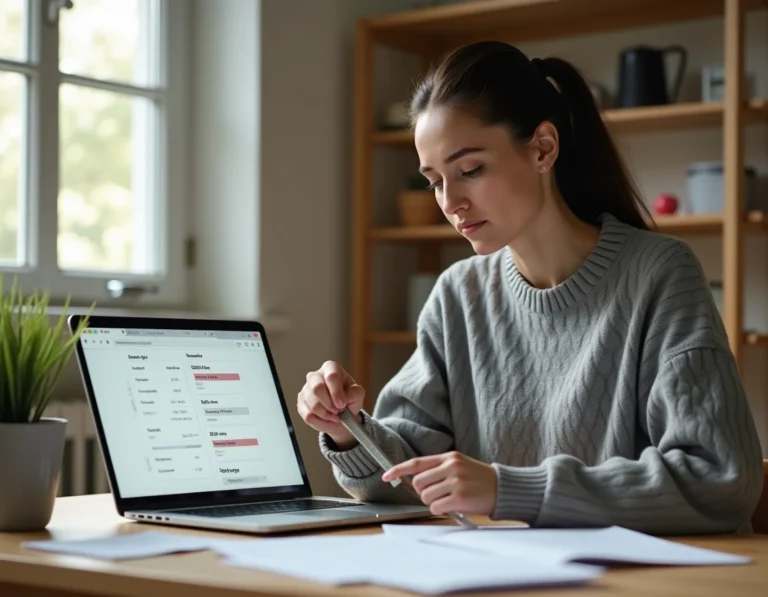 Femme mesurant une étiquette de vêtement avec une règle et comparant les tailles en pouces et centimètres sur son ordinateur pour un achat en ligne