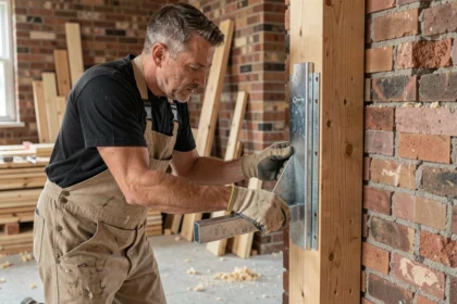 Ouvrier installant une cornière en L en acier galvanisé sur un encadrement de porte en bois lors d'une rénovation intérieure
