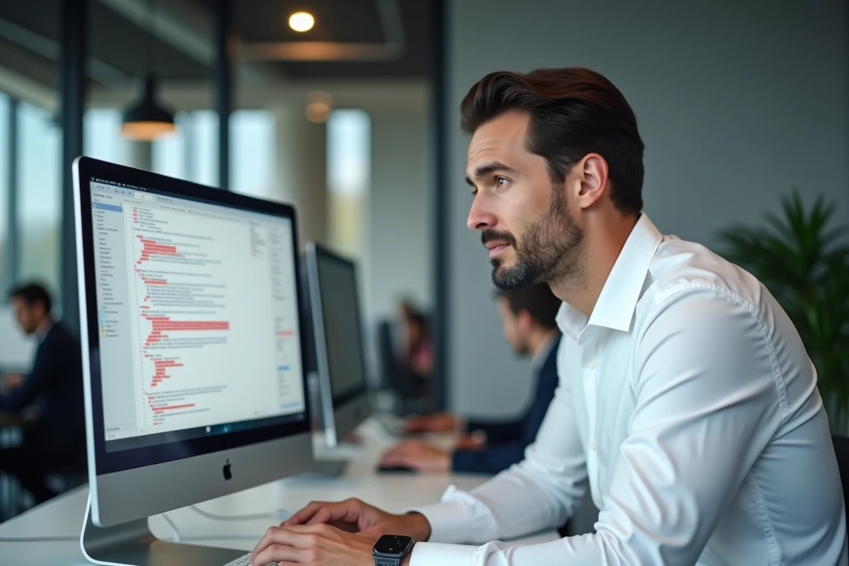 Homme en entreprise utilisant un correcteur grammatical en ligne pour éviter les fautes récurrentes en français