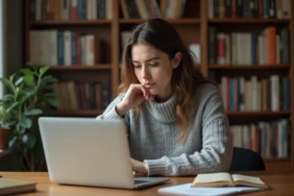Jeune femme corrigeant des fautes de français sur son ordinateur portable à l'aide d'un outil de correction en ligne