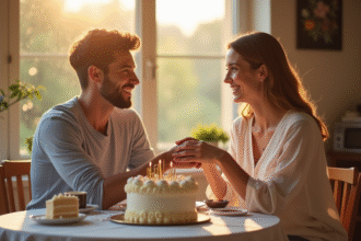 Jeune couple marié souriant lors d'un petit déjeuner anniversaire