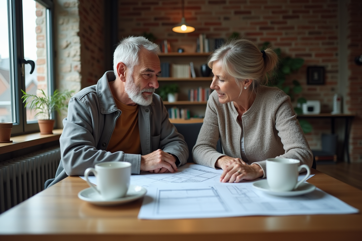 Couple discutant plans de renovation maison