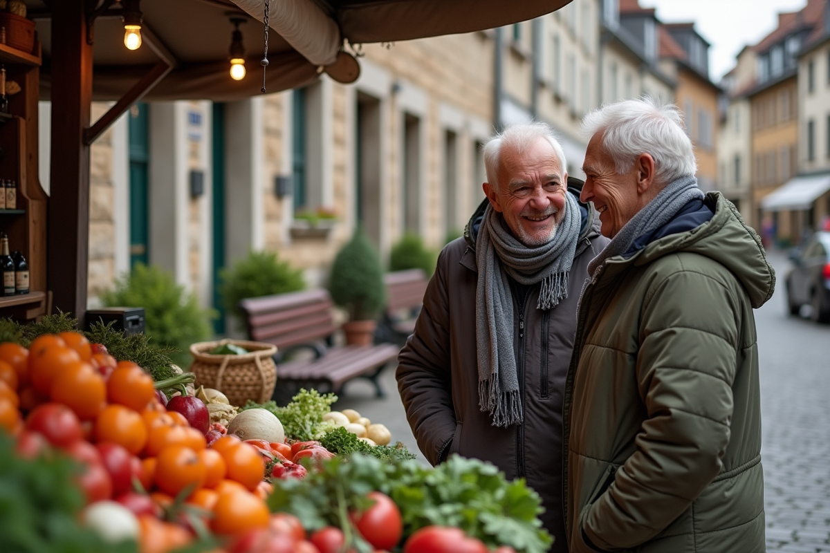 Couple retraité souriant au marché en ville française