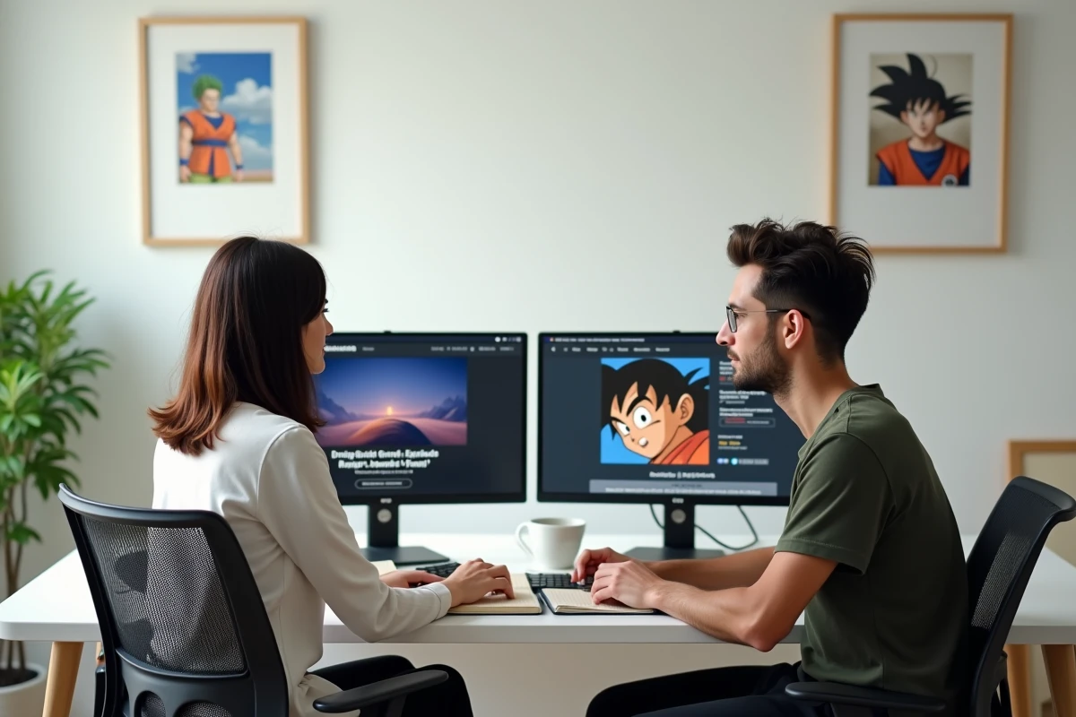 Couple de nouveaux fans consultant un guide d'épisodes Dragon Ball Z sur ordinateur dans un bureau moderne
