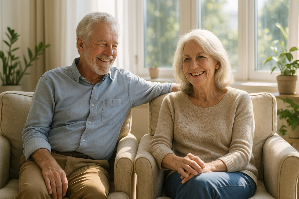 Couple de retraités souriants dans un salon lumineux et moderne