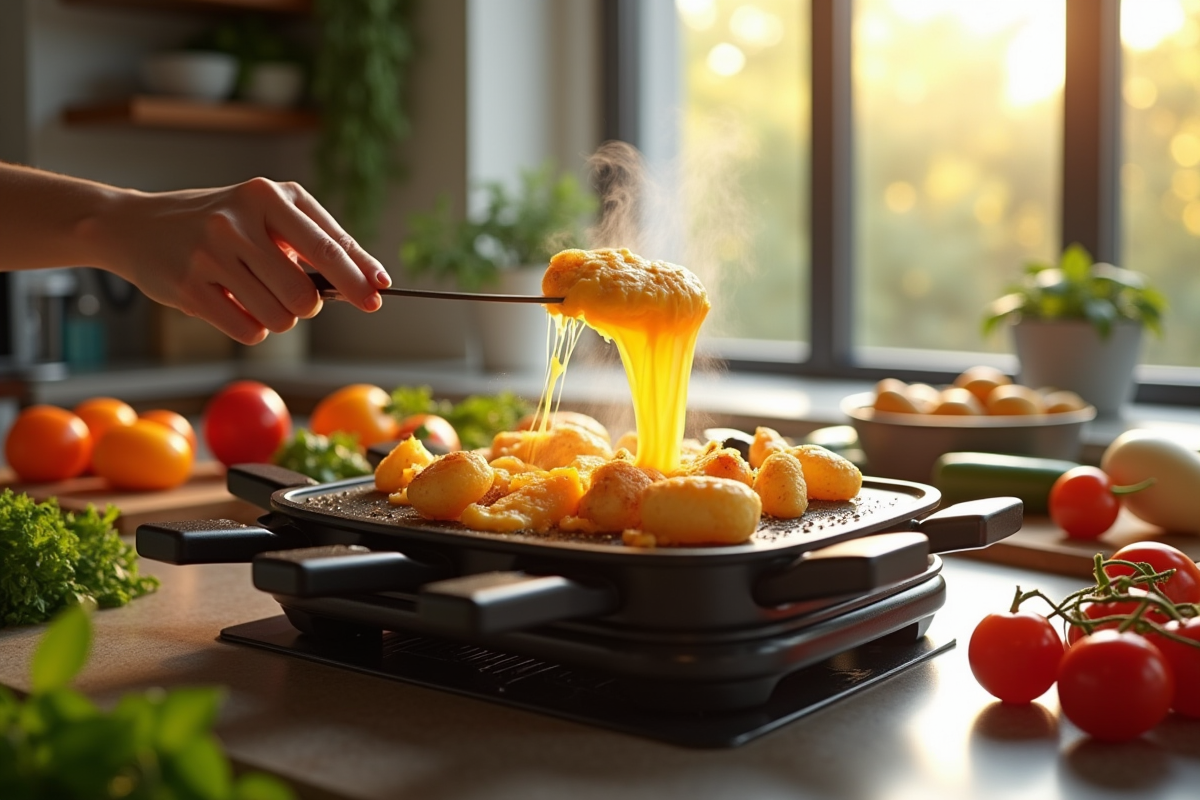 Grill à raclette en action avec fromage fondu sur pommes de terre