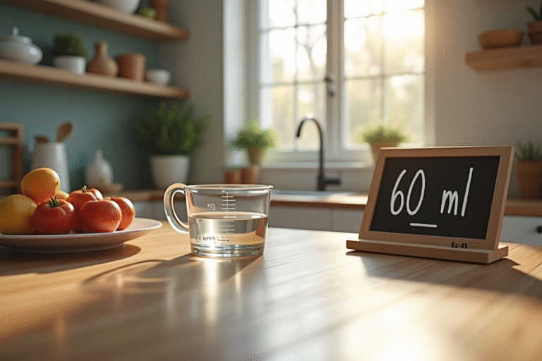 Verre doseur de cuisine rempli à 60 ml avec tableau de conversion