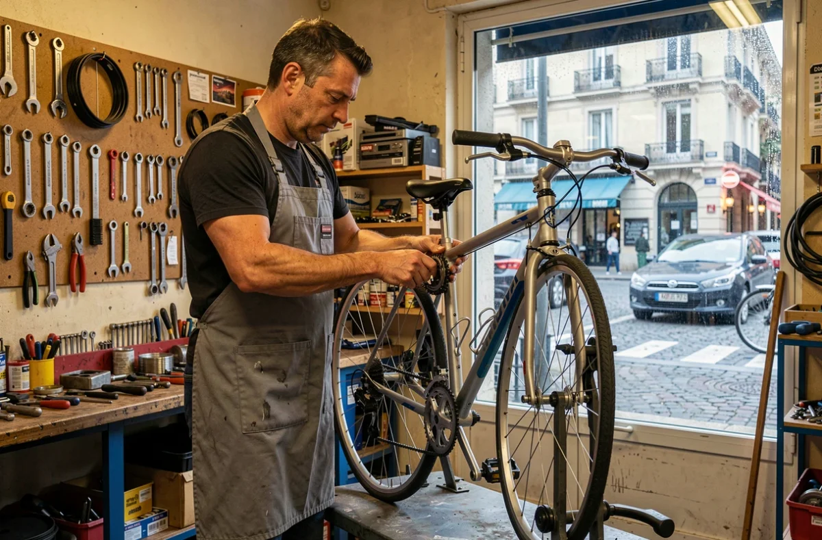 Mécanicien ajustant le dérailleur d'un vélo de ville sur un stand de réparation dans l'atelier multiservice Cycle du Coin à Marseille