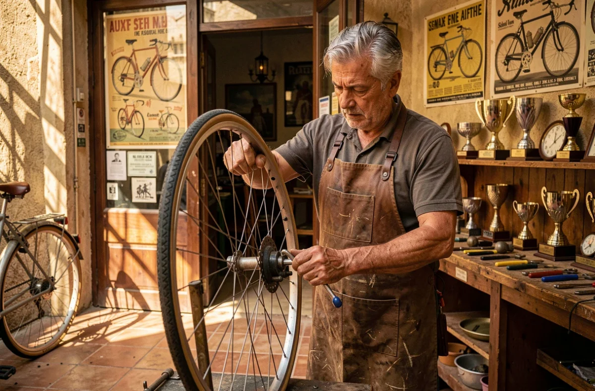 Mécanicien expérimenté centrant une roue à la main dans l'atelier artisanal Cycles Ricci à Aix-en-Provence
