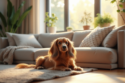 Teckel à poil long relaxant dans un salon moderne lumineux