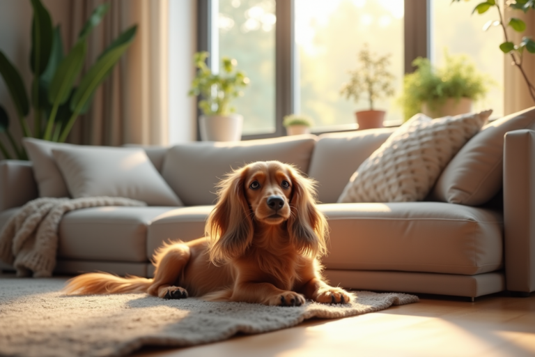 Teckel à poil long relaxant dans un salon moderne lumineux