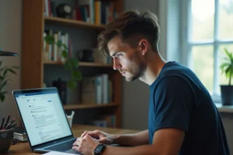 Jeune homme concentré consultant un navigateur web sur un ordinateur portable dans un bureau à domicile, prenant des notes pour comprendre un service en ligne