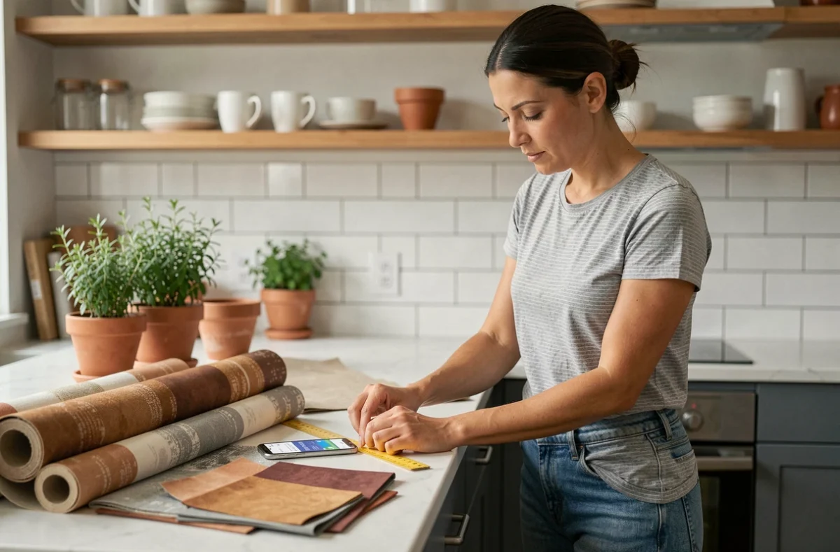 Femme décoratrice utilisant un convertisseur pouces cm sur smartphone pour un projet de décoration intérieure avec échantillons de tissu