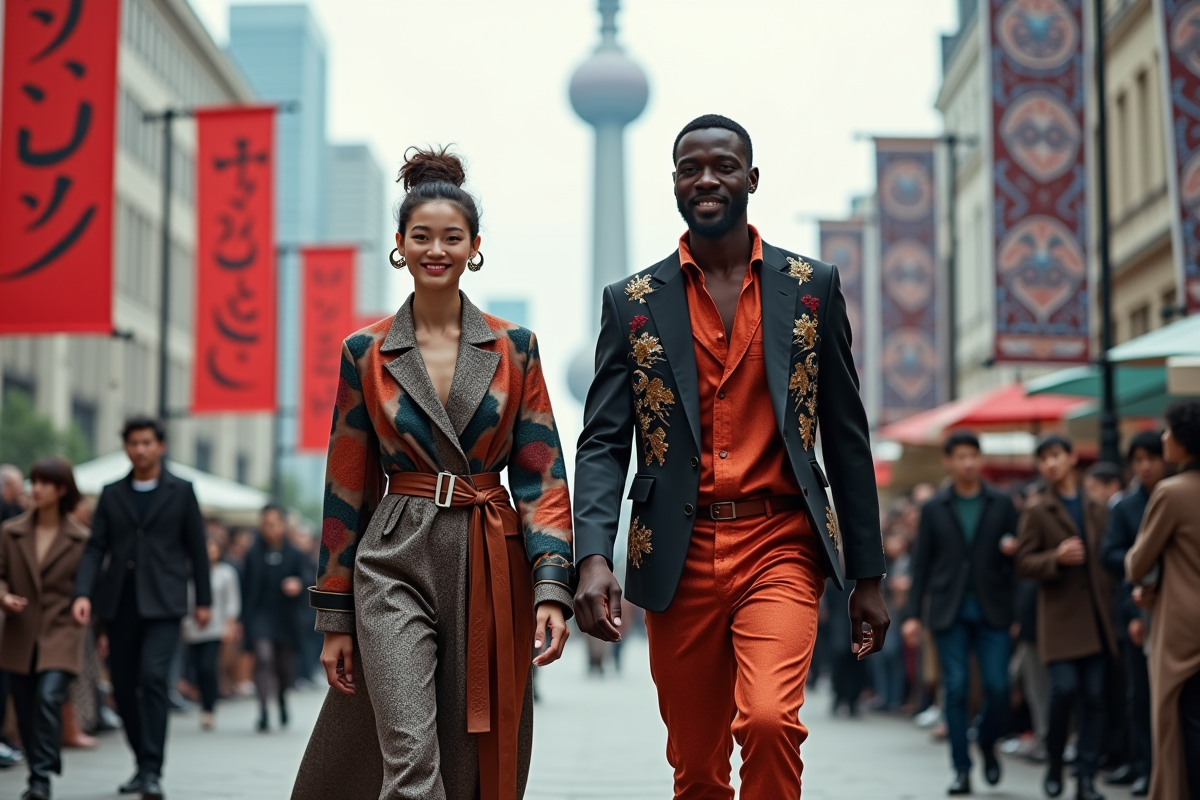 Jeune femme asiatique et homme africain défilant en haute couture