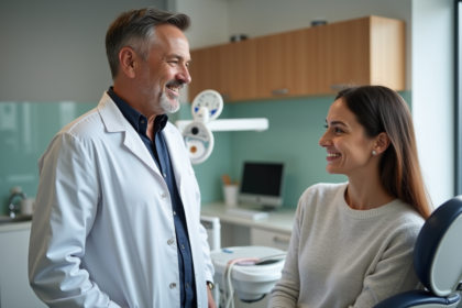 Dentiste souriant avec patiente dans une clinique moderne