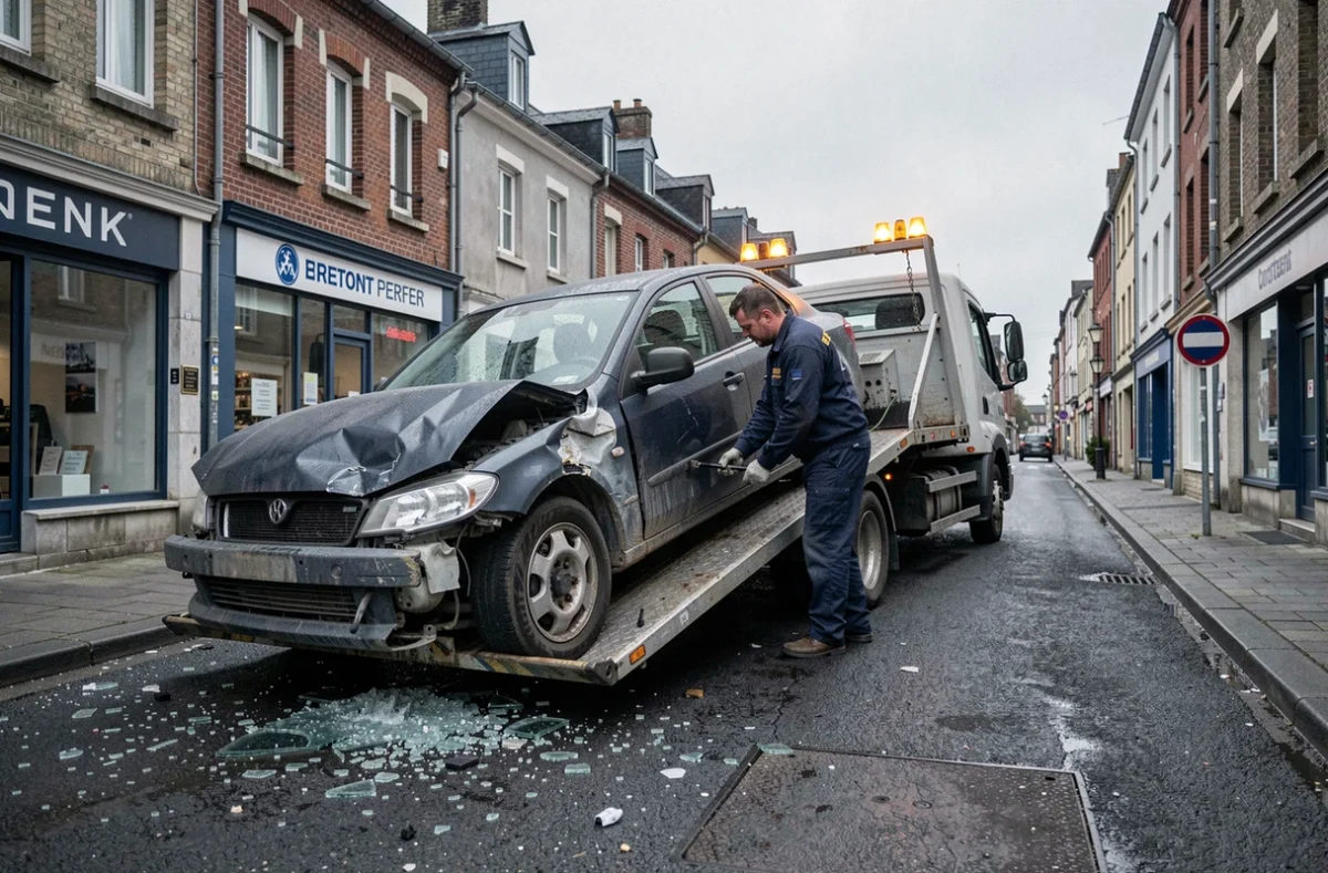 Dépanneuse récupérant un véhicule accidenté sur une rue de Lorient après un accident