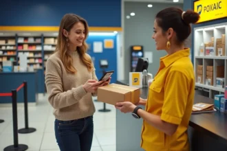 Femme déposant un colis Chronopost sans étiquette imprimée en bureau de poste grâce à un QR code sur smartphone