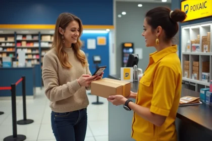 Femme déposant un colis Chronopost sans étiquette imprimée en bureau de poste grâce à un QR code sur smartphone