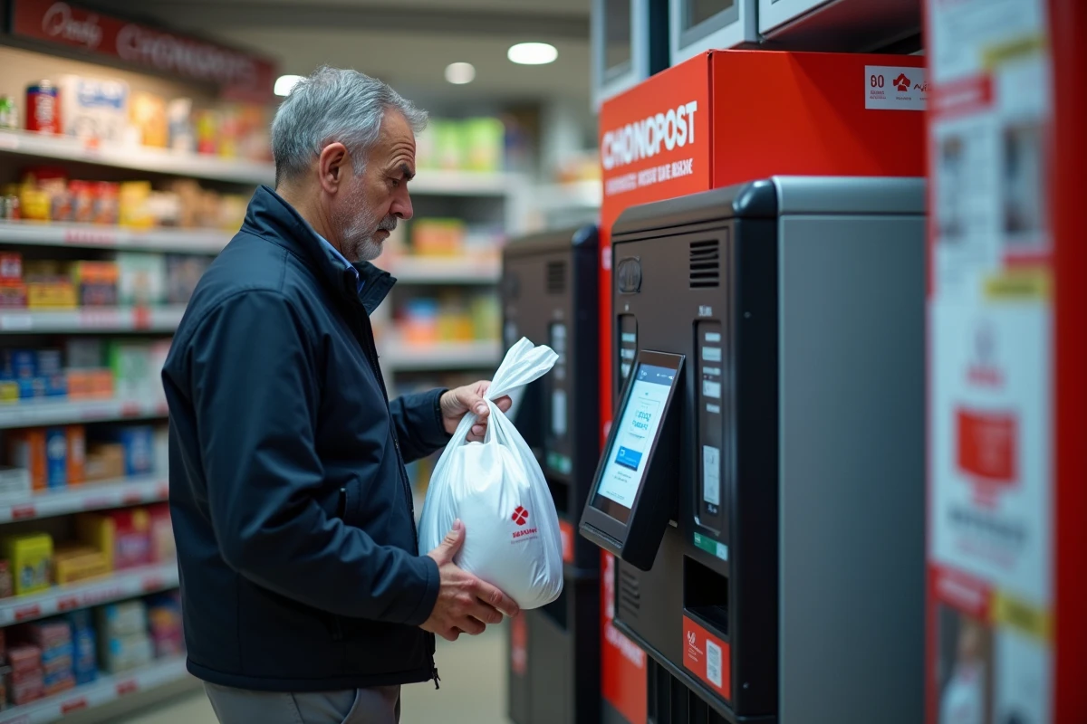 Homme déposant un colis Chronopost dans un point relais Pickup en commerce de proximité