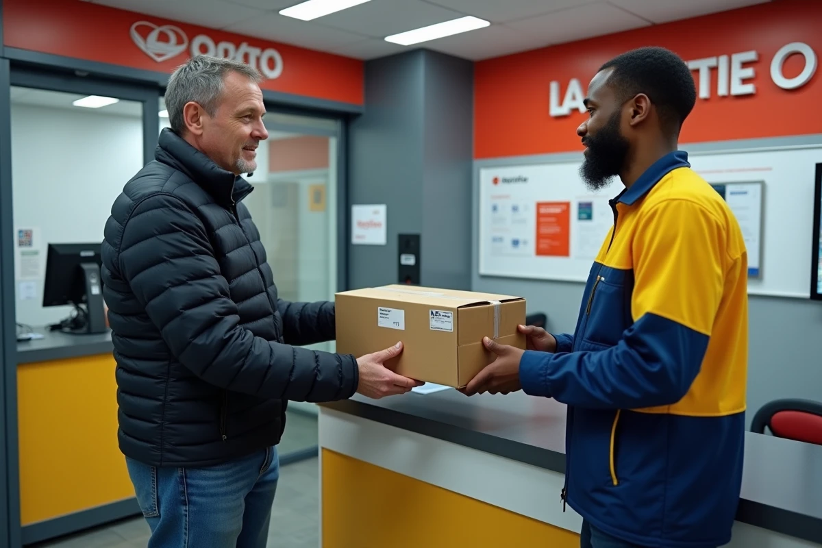 Homme déposant un colis de retour défectueux au guichet d'un bureau de La Poste