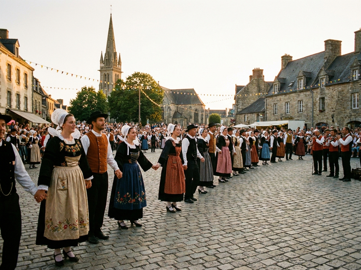 Des danseurs en costume breton traditionnel, en ligne sur une grande place, un soir d’été