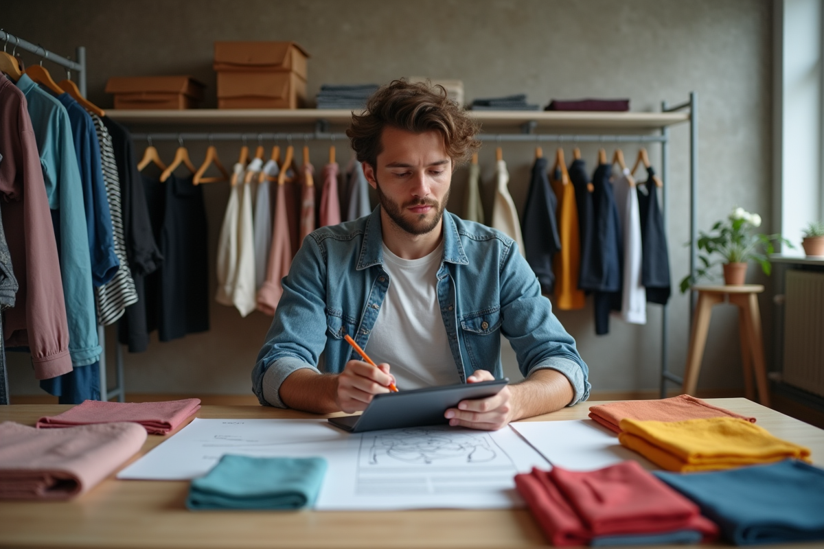 Jeune designer en studio avec tissus et croquis colorés