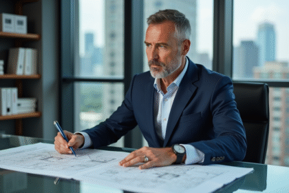 Homme d'affaires en costume bleu dans un bureau moderne